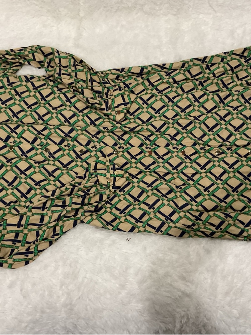 Geometric Print Women's Dress - Beige with Green & Navy